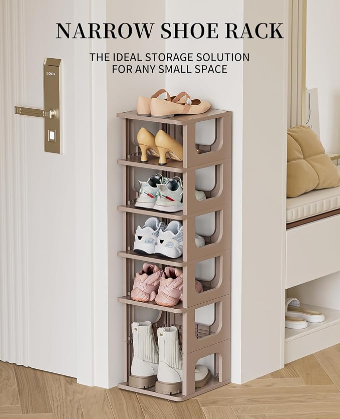 HAIXIN Narrow Shoe Rack - 5-Tier Stackable Shoe Storage Stand | Fits Small Space, Entryway, Hallway, Closet, No-Tool Assembly, Remove Shelf for Boots, Stackable Expandable, Small Shoe Size