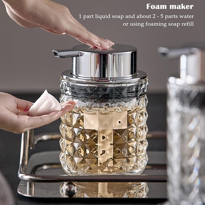 CICUFY Foaming Hand Soap Dispenser, Glass Foam Soap Dispenser or Lotion Dispenser for Kitchen & Bathroom Refillable Clear Glass Liquid soap Dispenser with Large Silver Pump-1 Pack