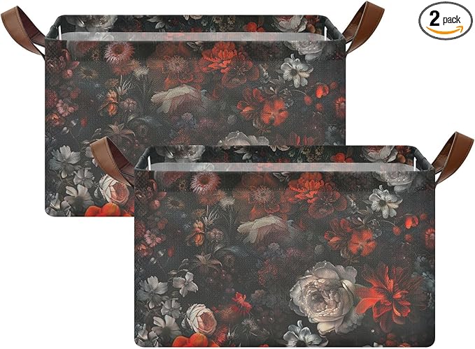 Moody Floral Goth Flower Gothic Dark Storage Bins for Shelves with Labels&Handles Fabric Organizer Bin Foldable Rectangle Storage Basket Boxes for Closet, Bathroom, Home, Living Room, 2 Pack