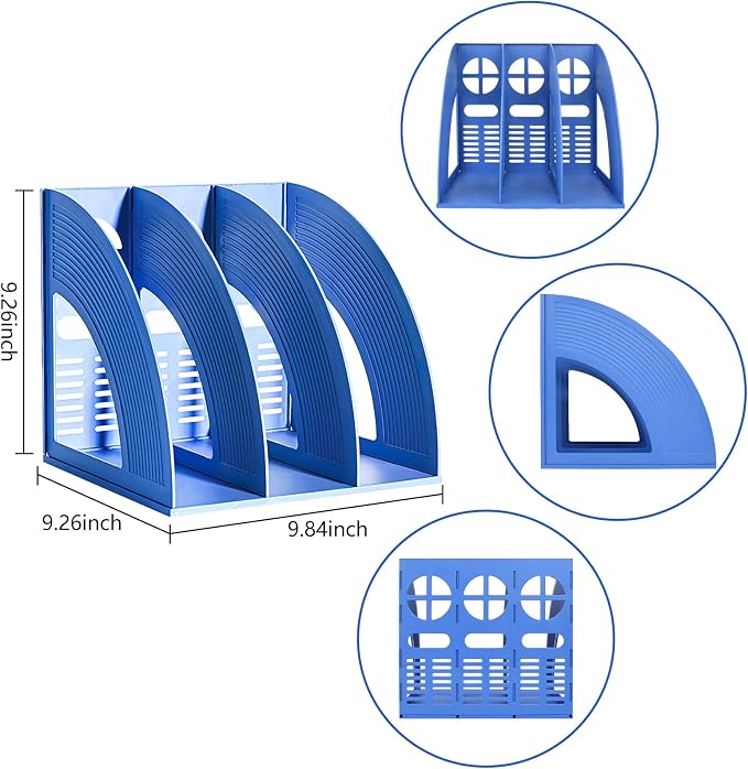 A4 File Holder Magazine File Folder Desk Organizer, Compartments Bookshelf Document Divider Paper Box Bookends for Office Home Organization and Storage Racks (Blue, 3 Compartments)
