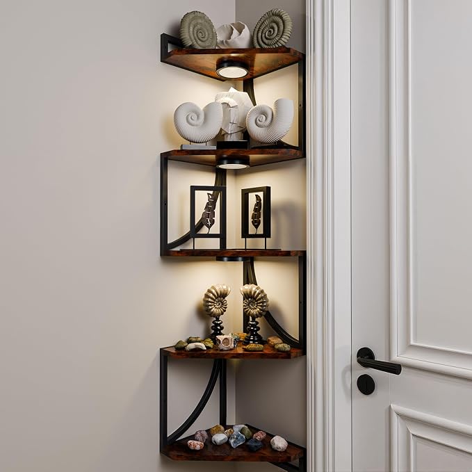 HAAYOT Corner Shelf Wall Mounted with Lights, 5-Tier Floating Metal Shelves for Living Room, Bedroom, Rustic Brown