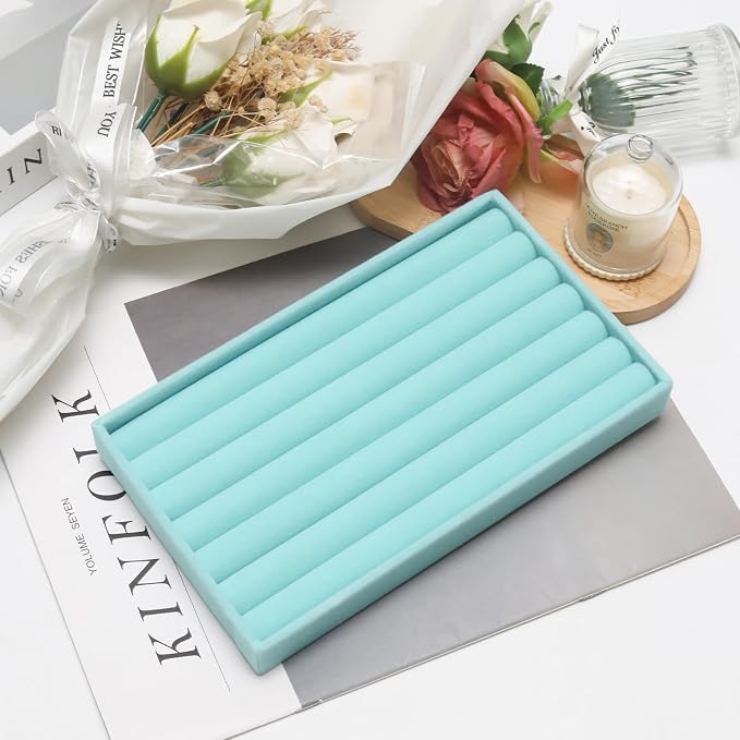 Velvet Jewelry Trays for Drawers, Blue Stackable Jewelry Drawer Organizer Inserts, Ring Earring Necklace Bracelet Holder Organizer Storage Display Tray with Removable Dividers, 8 Rolls