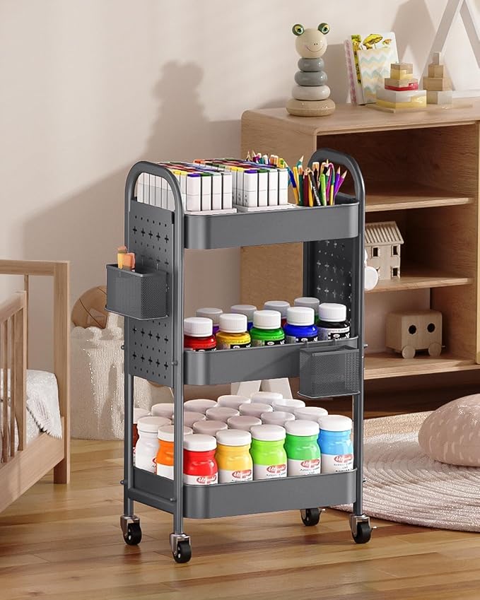 ALVOROG 3 Tier Metal Rolling Utility Cart with Pegboards,Baskets,Hooks,Gray | More Storage Craft Cart with Pegboards,Lockable Wheels,Hooks & Baskets to Organize Kitchen,Office,Bedroom and DIY Supplies