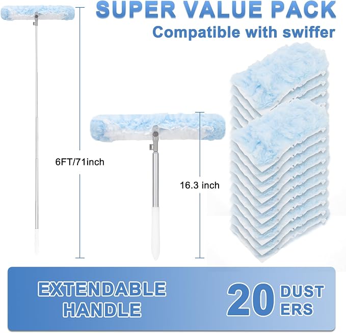 KeFanta Duster Refill Kit with 6 ft Super Extendable Handle, 20Pcs | 6ft Super Extendable Handle, Compatible with Swiffer, 360° Disposable Microfiber Dusting Pads