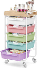SYKIARIOL Utility Cart with 5 Labeling Drawers and Wooden Tabletop – Rolling Storage Cart for Crafters, Artists, Kids, Teachers, and Students – Organize Arts, Crafts, Sewing & Study Supplies