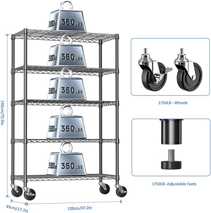 Wire Shelving with Wheels for Garage, 48” Heavy Duty Utility Storage Shelf | 5-Tier 1750 lbs Metal Shelves, 17.7" D x 47.2" W x 76.7" H Adjustable Black Garage Shelving for Kitchen, Laundry and Basement