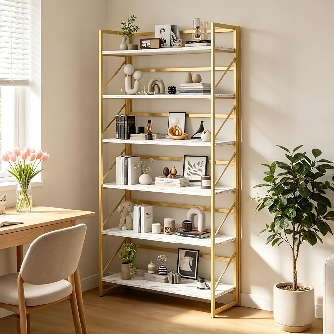 JSB 6 Tier No Assembly Folding Bookshelf, 30.7" Wide Foldable Storage Bookcase for Home Office, Space-Saving Storage Shelf for Living Room (White&Gold)