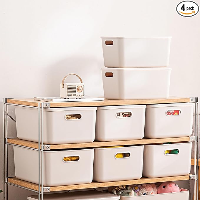 Plastic Storage Bins with Lid, White Stackable Storage Basket Organizer Box, Sturdy Containers Organizing Lidded Bins for Shelves, Cabinet, Desk, Pantry, Bedroom, Book, Toys (gray, 6L+2M)