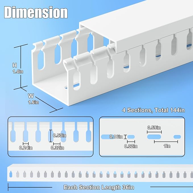 1.4"H x 1.6"W Cable Raceway, 12ft Under Desk Wire Management Channel, White | Slotted Wire Duct, 4 Pack (3 ft Each), Heavy-Duty PVC Cable Management for Server Racks, Network Cables & Electrical Cabinets