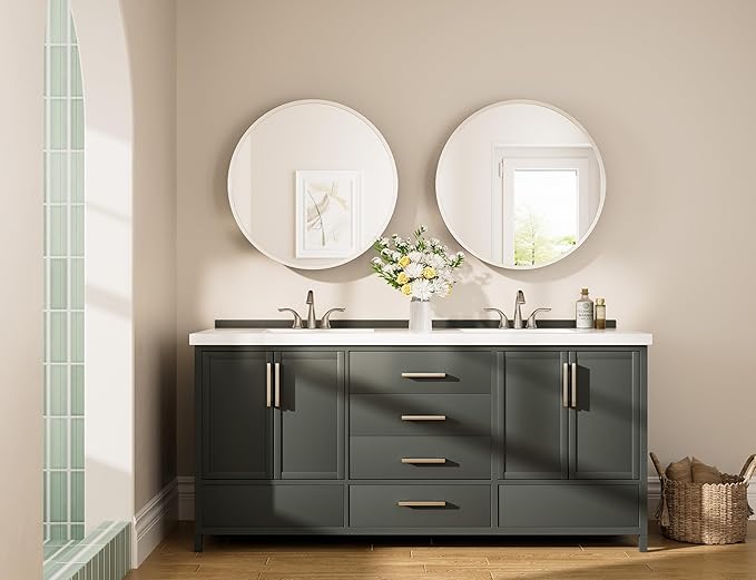 Keonjinn 24" x 24" Round Medicine Cabinet Mirror, Brushed Nickel Mirror Medicine Cabinet Wall Mounted, Circular Medicine Cabinets with Mirrors, Circle Framed Vanity Mirror with Storage