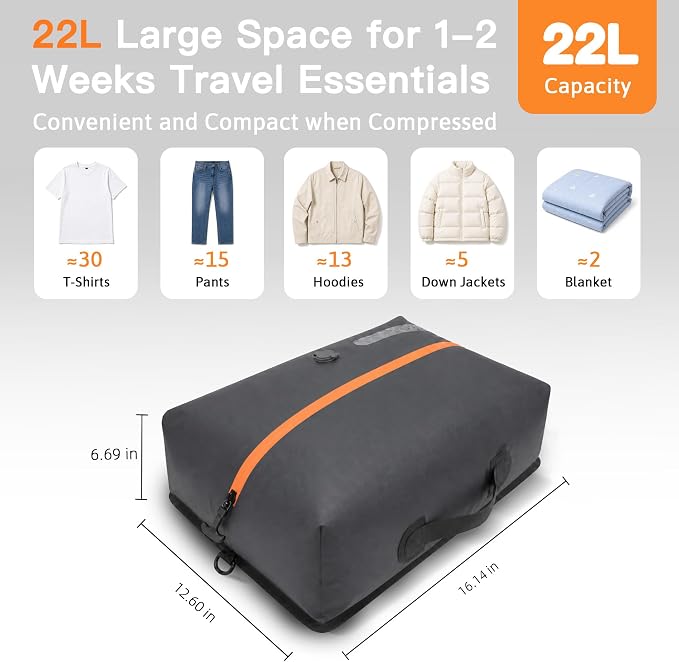 Travel Vacuum Bags With Pump, 1 Pack 22L Compression Kit For Clothes | IPX8 Waterproof; 3-5 Minute Compression; USB-C Cordless Pump; Up To 60-Minute Runtime; Saves Up To 60% Space; Airtight Seal