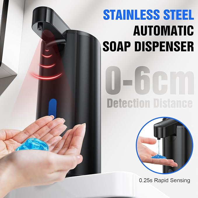Fantictas Automatic Soap Dispenser Touchless, Stainless Steel 11.5 oz Liquid Hand Soap Dispenser, USB-C Rechargeable Sensor Pump with 3 Adjustable Levels for Kitchen & Bathroom