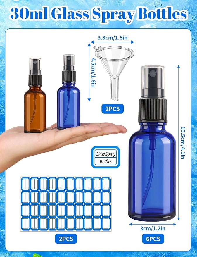 10 Pcs Glass Spray Bottles, 30ML/1OZ Blue Fine Mist Refillable Small Travel Spray Bottle Empty with 2 Funnels and 2 Labels