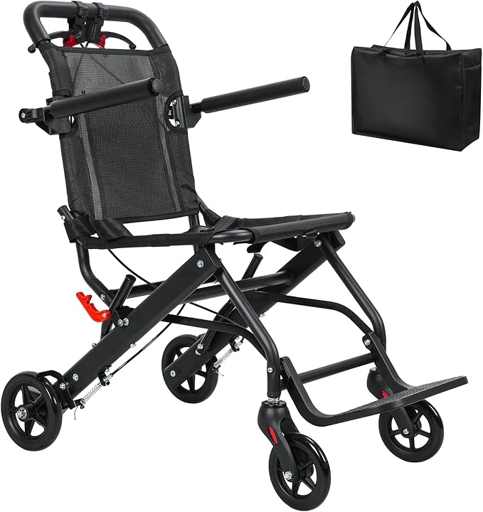 cdar Lightweight Transport Wheelchair, Aluminum Alloy Foldable Wheelchairs for Adults, Portable Transportation Travel Wheelchairs, Outdoor Collapsible Wheelchair with Storage Bag, Bearing 286lbs Black