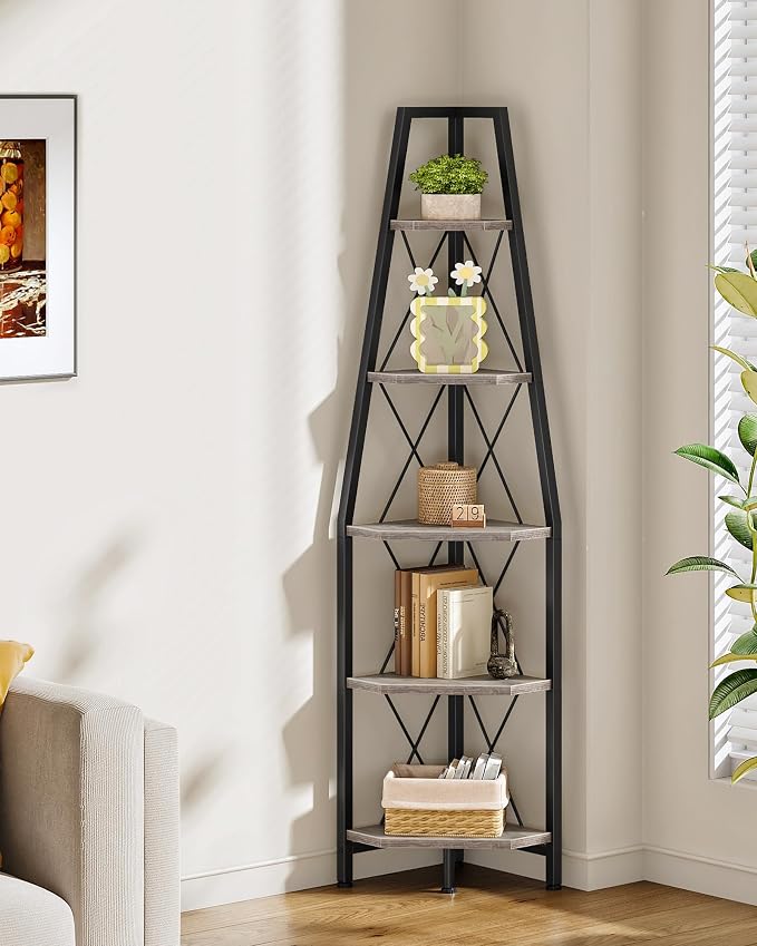 CHOEZON 5-Tier Corner Shelf, Corner Bookshelf, Ladder Shelf, Floor Standing Storage Rack, Open Display Stand, Plant Stand, for Living Room, Bedroom, Study, Bathroom, Greige and Black TCJ22BG