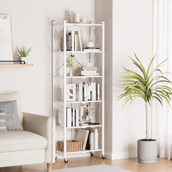 ALANNG 73.6 Inch Folding Bookshelf, 6 Tier Metal Bookcase and Bookshelves | Tall Shelves for Living Room Office Bedroom, Heavy Duty Book Shelve Free Standing Open (White, 2PACK)