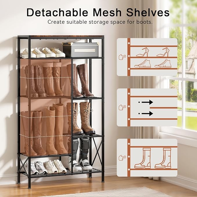 8-Tier Shoe Rack, Shoe Storage Organizer with Boots Storage, Large Capacity Shoe Shelf Holds 20-23 Pairs of Shoes, Durable and Stable, for Entryway, Closet, Hallway, Dorm Room, Rustic Brown