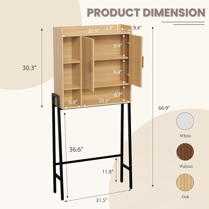 31" W Over The Toilet Storage Cabinet with Fluted Door,Bathroom Organizers and Storage with Adjustable Shelves, Mordern Over Toilet Organizer for Bathroom,Restroom,Laundry,Oak