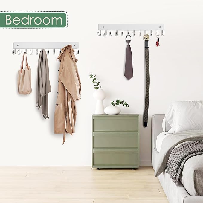 2 Pack Purse Organizer Wall Mount with 24 Rotating 180° Coat Rack, 14.6" Wooden Entryway Purse Holder, Wall Hooks for Hanging Belts, Ties, Keys, Scarf, Bras, Bag, Space Saving Hanger (White)
