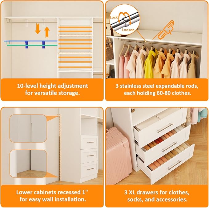 Closet System with Drawers, 5FT-8FT Closet Organizer System with 3 Side Top Shelves(Cuttable) & 3 Expandable Hanging Rods, Walk in Closet Storage Shelving System, Walk in Closet System, White