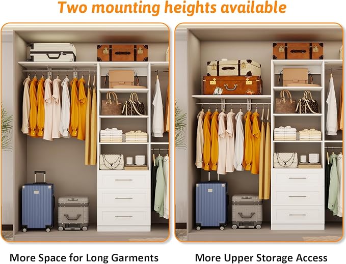 Closet System with 9 Drawers, 8FT-17FT Closet Organizer System Storage Storage Adjustable with 9 Cuttable Shelves for Walk in Closet with 9 Expandable Hanging Rods, 3 Sets , White
