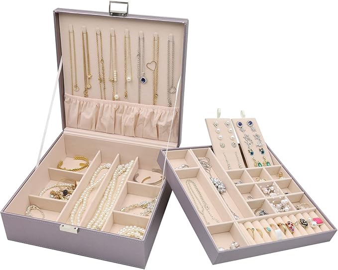ProCase Jewelry Box for Women, 2 Layers Large Leather Jewelry Organizer Storage Case with Removable Pad for Earrings -Pearlizedsilver