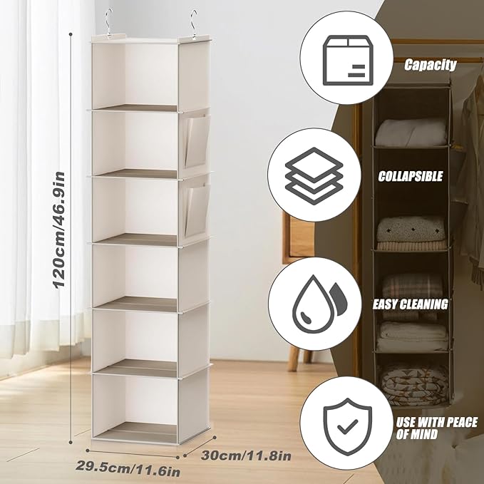 6-Shelf Hanging Closet Storage,Strong Frame Beige Closet Organizer with Side Pockets for Clothes and Accessories, Closet Organizers and Storage Solution, Send Goods from Local Warehouse