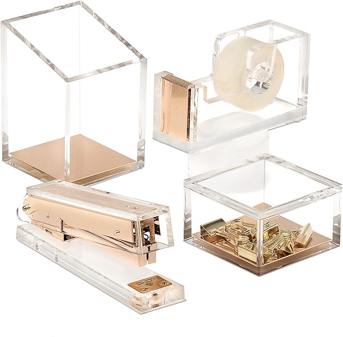 OfficeGoods Acrylic Desk Organizer w/Gold Base – Functional & Elegant Odds & Ends Box for Display or Storage – Perfect for Home or Office, Kitchen, Bathroom Vanity, Curio Display - Small