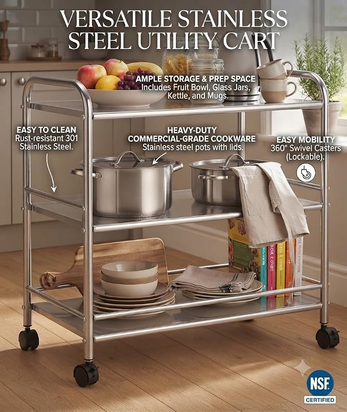 Heavy-Duty NSF 301 Stainless-Steel Rolling Cart – 3-Tier with White Protective Film & Locking Wheels | Commercial Wire Shelving for Kitchen
