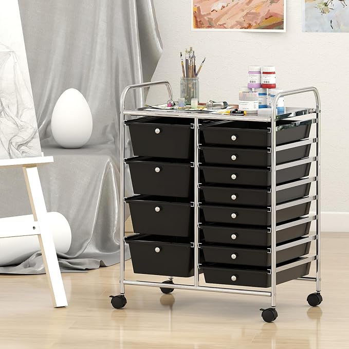BECOMFORT 15-Drawer Rolling Cart with Drawers, Storage Cart on Wheels, Teacher Classroom Organizers with Metal Frame, Mobile Craft Cart for Tools