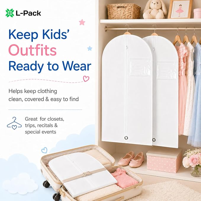 Kids Garment Bag with Clear Window, Hanging Clothes Storage Cover for Dresses, Suits & Dance Costumes, Breathable Travel Bag for Baby Toddler Child, 30" x 18", White, Pack of 2