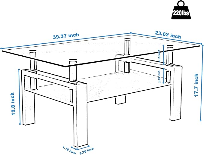 Glass Coffee Table for Living Room, Modern Coffee Table with Transparent Tempered Glass Top and White Metal Legs, Rectangle Tea Table for Home