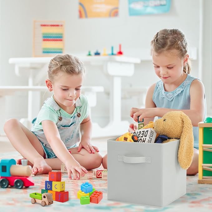 Stero Fabric Storage Bins 6 Pack Fun Colored Durable Storage Cubes with Handles Foldable Cube Baskets for Home, Kids Room, Closet and Toys Organization Gray