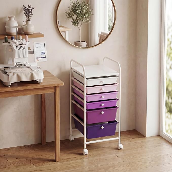 GOFLAME 6-Drawer Rolling Storage Cart, Multifunctional Art Craft Organizer Cart, Mobile Utility Storage Cart with Removable Drawers & Lockable Wheels, Craft Cart for Home Office, Purple Gradient