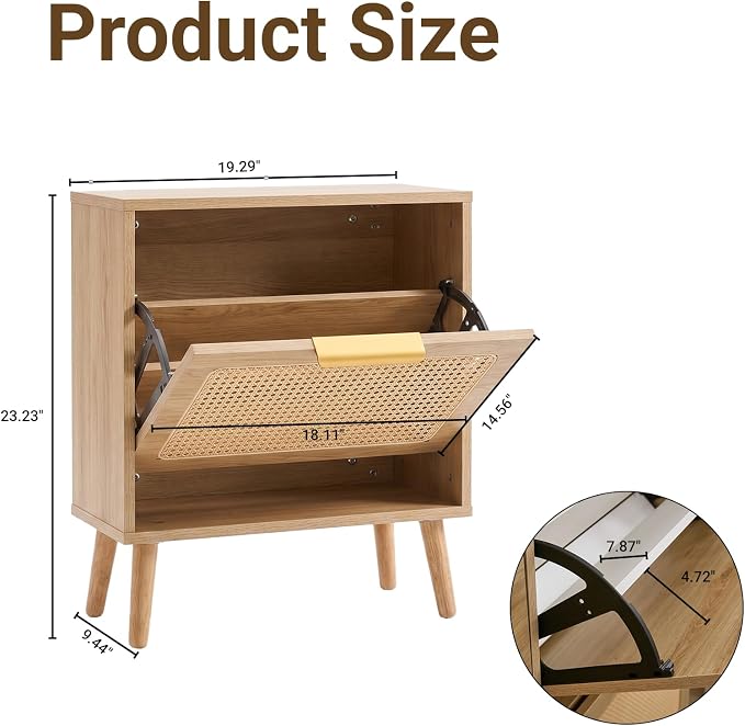 Shoe Storage Cabinet for Entryway, Slim Freestanding Rattan Shoe Cabinet with 3 Flip Drawers, Hidden Shoe Organizer Cabinet, Narrow Shoe Rack , Farmhouse Design (Singel Flip Drawer - Breathe Rattan)