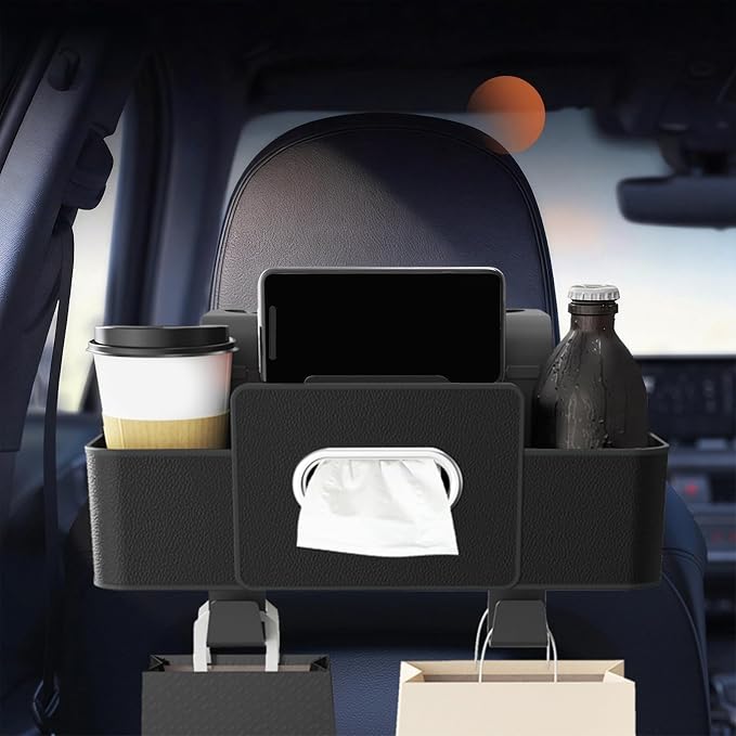 4 in 1 Multifunctional Back Seat Car Organizer, Hanging Storage Box with Cup Holder and Tissue Box for Phone, Drinks, Handbag - Universal for SUV, Truck, Van