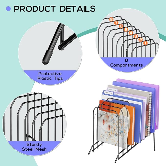 Gawerk Incline Metal Desk Magazine Folder Holder, Sorter Desk File Organizer with 8-Section Vertical Compartments Rack File Organizer for Office, Home, School (4 Pack)