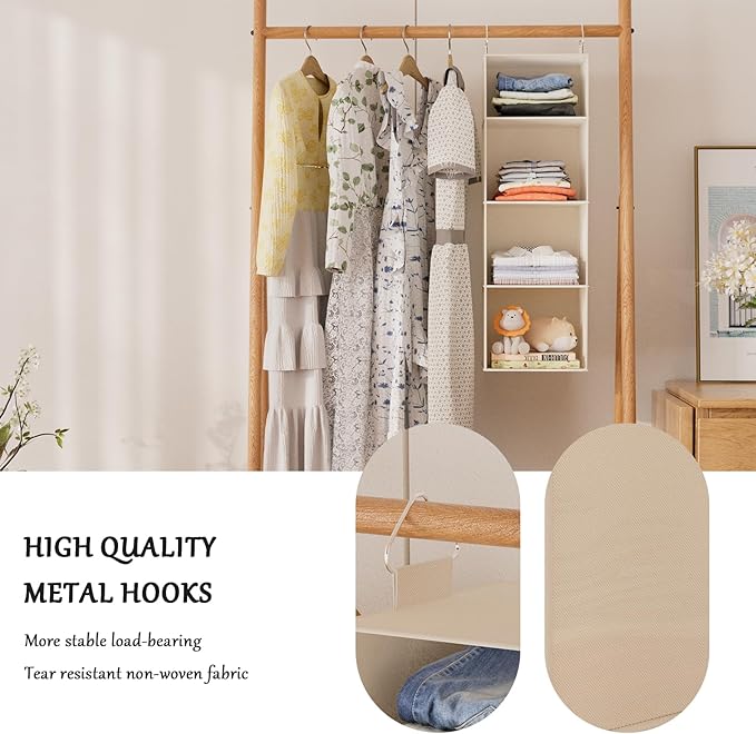 VERONLY Hanging Closet Organizer and Storage with Bamboo Shelves - Foldable Storage for Clothes, Towels, Accessories | Space Saving, No Assembly Needed (Beige)