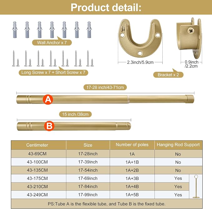 Adjustable Closet Rod for Hanging Clothes, 17-54inch Heavy Duty Metal tension clothes rod，1.3Inches Closet Pole with Hardware Kit for Closet Organization Laundry Room RV, Gold