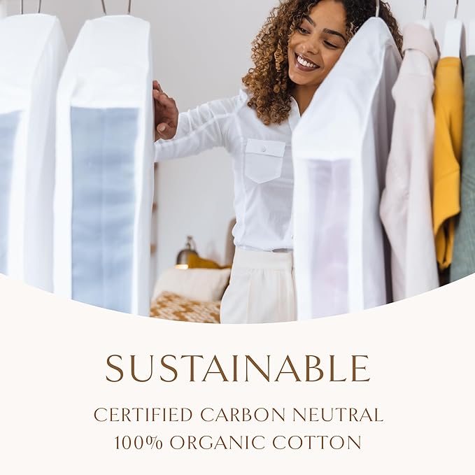 Hayden Hill Luxury Organic Cotton Garment Bag for Hanging Clothes Long 58" | Full Length Breathable Dress Bag, Moth Proof Hanging Storage Bag, For Closet Storage, Certified Carbon Neutral, White