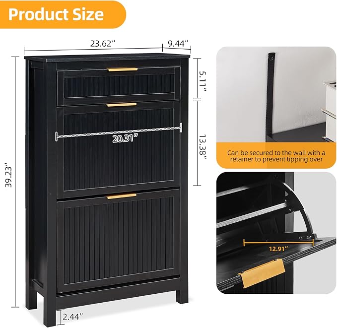 2 Flip Drawers Shoe Cabinet Storage for Entryway, Narrow Hidden Shoes Organizer for Front Door Entrance, Free Standing Shoes Cabinet Wooden Hallway Shoe Rack(Black)