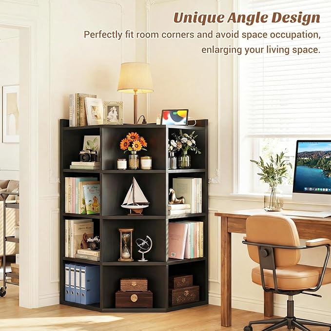 Aheaplus Corner Cabinet, 5-Tier Corner Bookshelf with Power Outlets, Corner Cube Storage Shelf with Top Table, Wooden L Cubby Toy Storage with 12 Cubes for Home Office, Bedroom, Living Room, Black