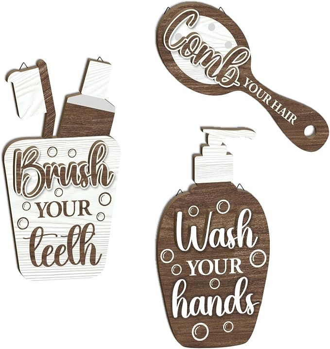 Putuo Decor Bathroom Wall Decor Sign Set Brush Your Teeth Comb Your Hair Wash Your Hands Wooden Wall Hanging for Kids Bathroom Home Restroom Decor