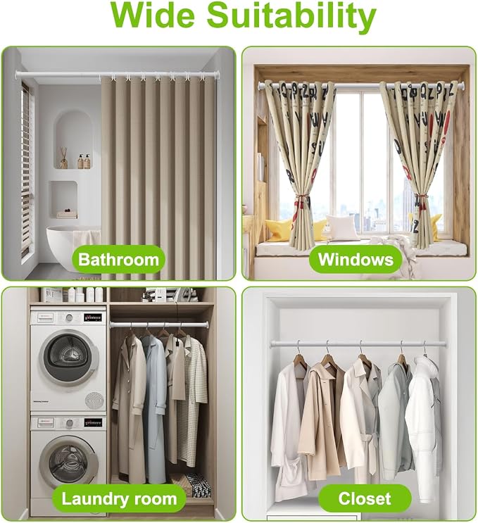 Closet Rod Upgraded Extra Strong, Adjustable Clothes Haning Rod 66 to 76 Inches, Stainless Steel Rod for Closet, White