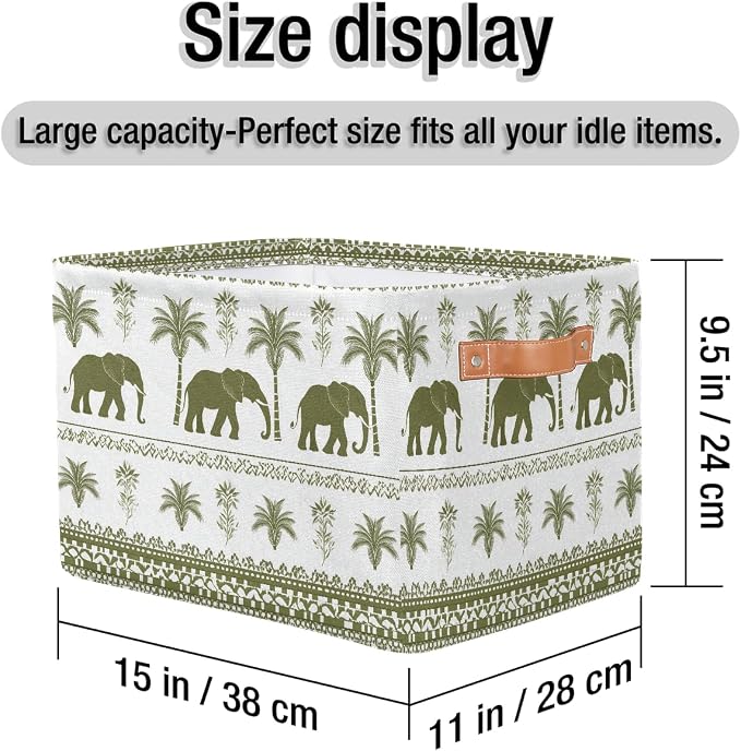 Rectangular Storage Baskets Elephant Palm Tree Fabric Storage Bin Toy Organizer Box with PU Leather Handles for Room Decor