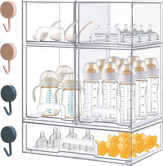 Baby Bottle Organizer with Hooks - 5 Pack Stackable Storage Drawer | Baby Bottle Organizers and Storage, Clear Acrylic Multipurpose Bottle Storage for Countertop