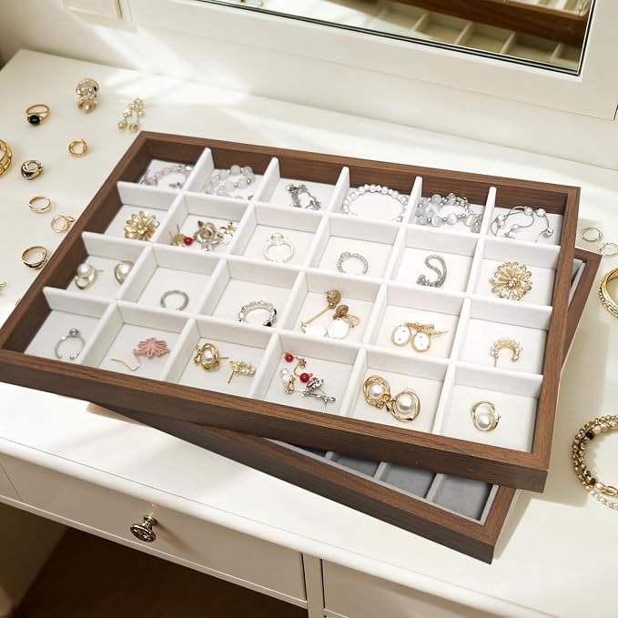 Large Jewelry Trays for Drawers Stackable Velvet Jewelry Display for Vendors Jewelry Drawer Organizer Inserts for Rings Necklace Bracelets Earrings and Studs Earrings (Beige, 24 Grid)