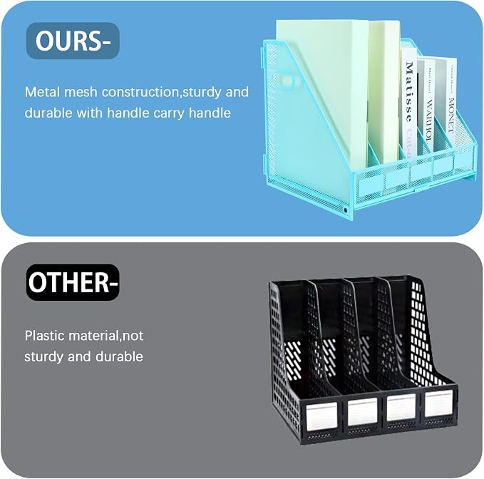 Desk Organizers Metal Magazine File Holder Racks Desktop Folder Storage Binder Organiser Document Organization for Home Office & Classroom,5 Vertical Compartments-Blue
