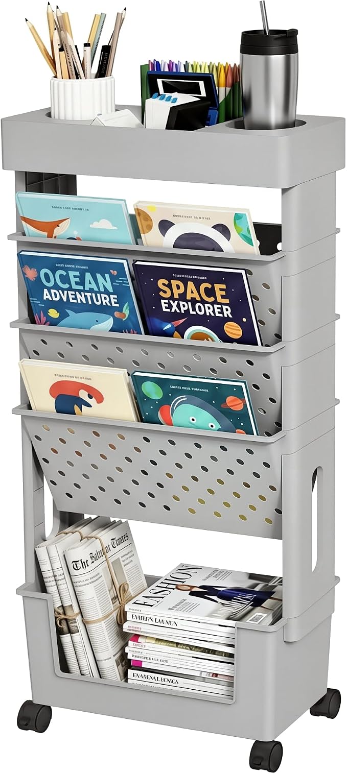 5-Tier Rolling Bookshelf Magazine Rack with Wheels Gray | Mobile Bookcase, Book Storage File Folder Organizer Cart for Home Study Office Living Room Classroom