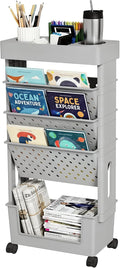 5-Tier Rolling Bookshelf Magazine Rack with Wheels Gray | Mobile Bookcase, Book Storage File Folder Organizer Cart for Home Study Office Living Room Classroom
